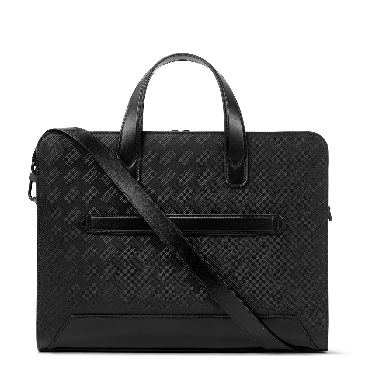 Explore the Montblanc Extreme 3.0 Black Leather Document Case, a chic black leather briefcase featuring a textured design. It comes equipped with two handles, a front zipper pocket, and an optional shoulder strap. Perfect for business or travel, this case is identified by Style Number 129962 for authenticity.