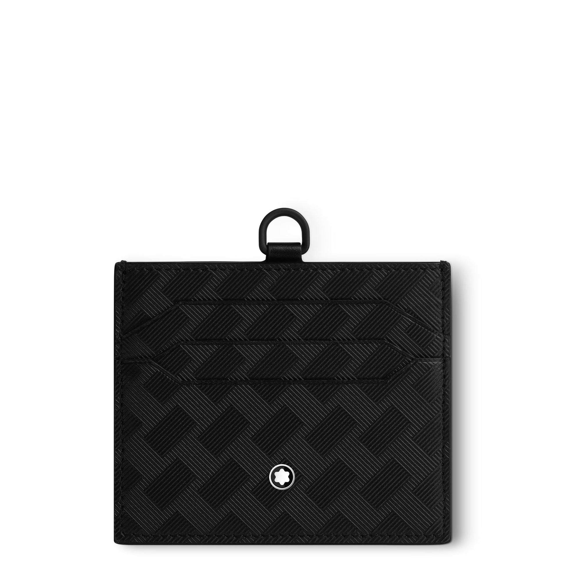 The Montblanc Extreme 3.0 Leather Card Holder 6cc features a textured geometric pattern and includes several card slots along with a small loop for attachment. A circular logo with a white star enhances its sleek design, making it perfect for those looking for style and functionality. It's part of the Montblanc Extreme collection.