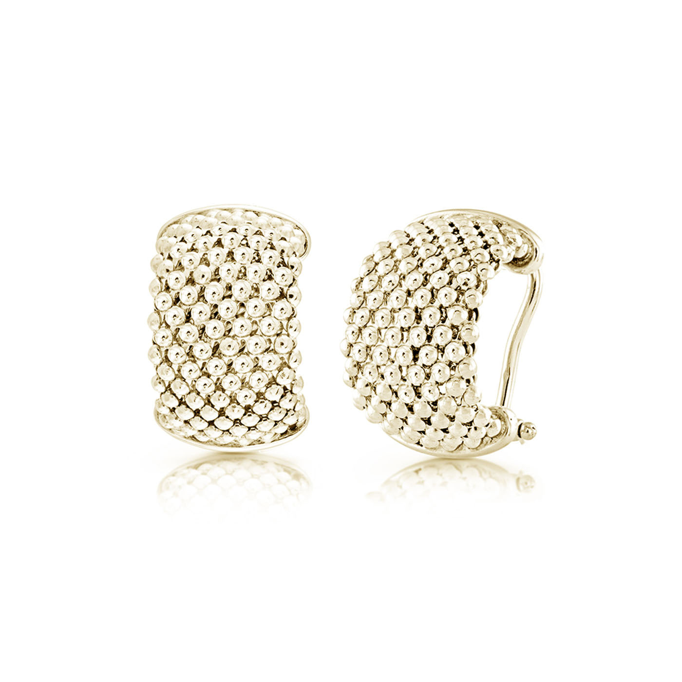 Miss Mimi by Yael presents the Miss Mimi Iconic Beaded Mesh 18K Yellow Gold Vermeil Huggie Earrings, displayed from both front and side angles on a white background.