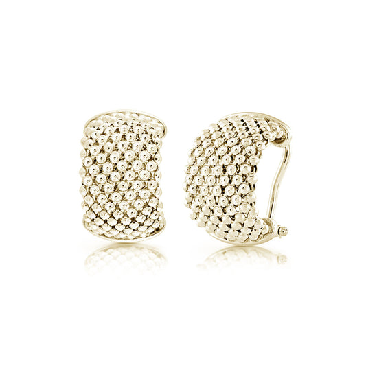 Miss Mimi by Yael presents the Miss Mimi Iconic Beaded Mesh 18K Yellow Gold Vermeil Huggie Earrings, displayed from both front and side angles on a white background.