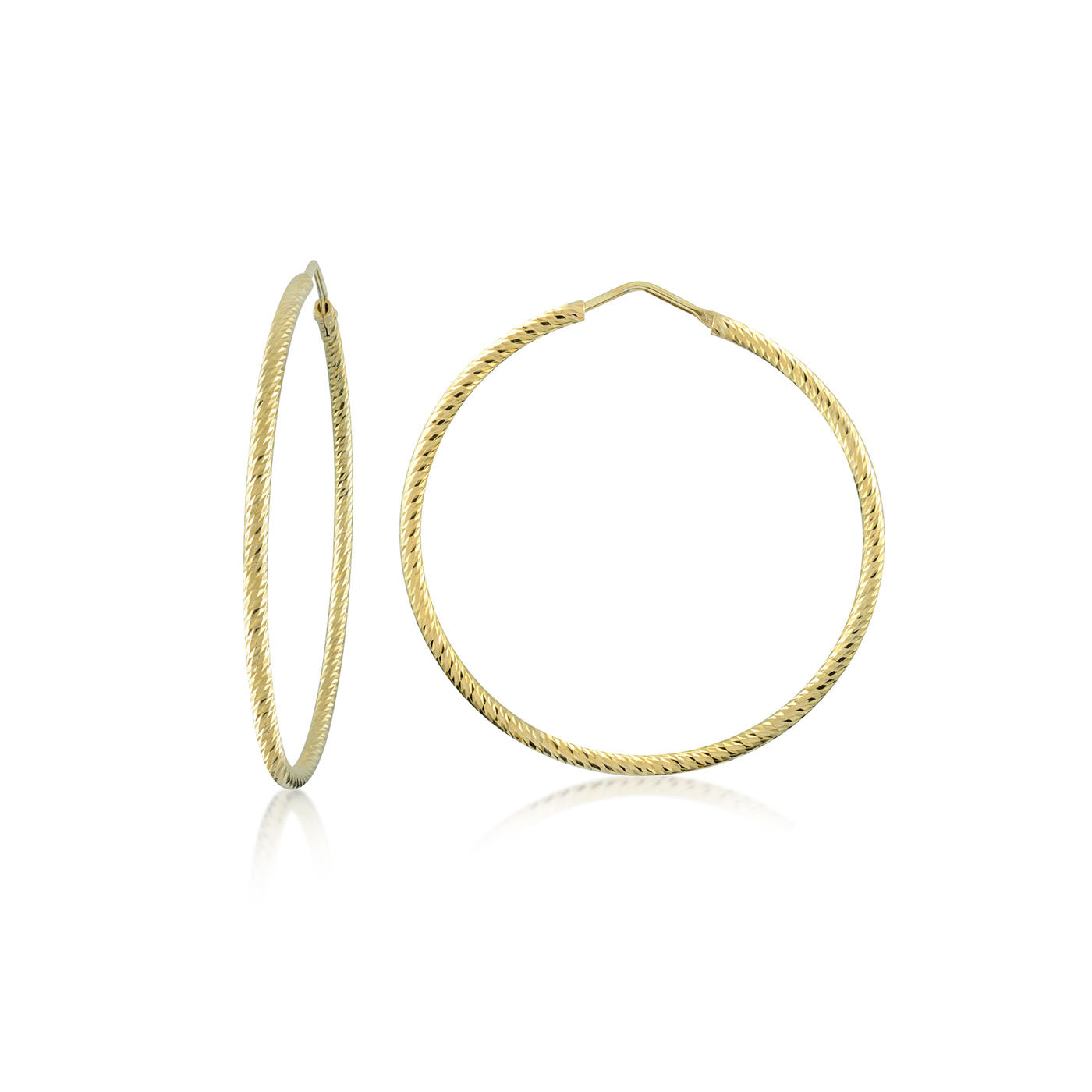 The Miss Mimi Medium Diamond Cut 18K Yellow Gold Vermeil and Sterling Silver Hoop Earrings by Miss Mimi by Yael feature an elegant twisted design. One earring is displayed from the side, while the other is shown front-facing against a white background, highlighting their timeless Italian craftsmanship.