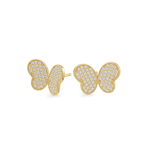 A pair of butterfly stud earrings crafted from 18K yellow gold vermeil and sterling silver, featuring sparkling cubic zirconia, from Miss Mimi by Yael.