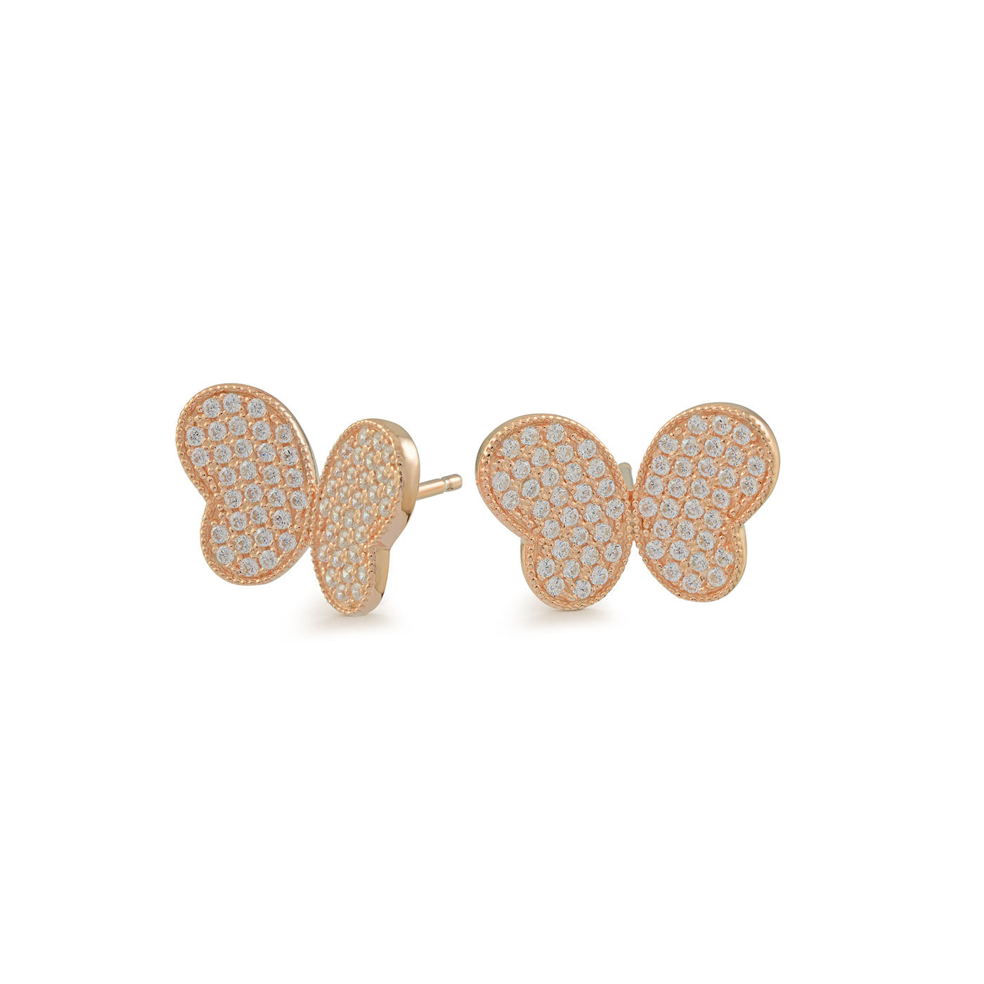 Miss Mimi by Yael's Miss Mimi 18K Rose Gold Vermeil and Sterling Silver Butterfly Stud Earrings, adorned with cubic zirconia, set against a white background.