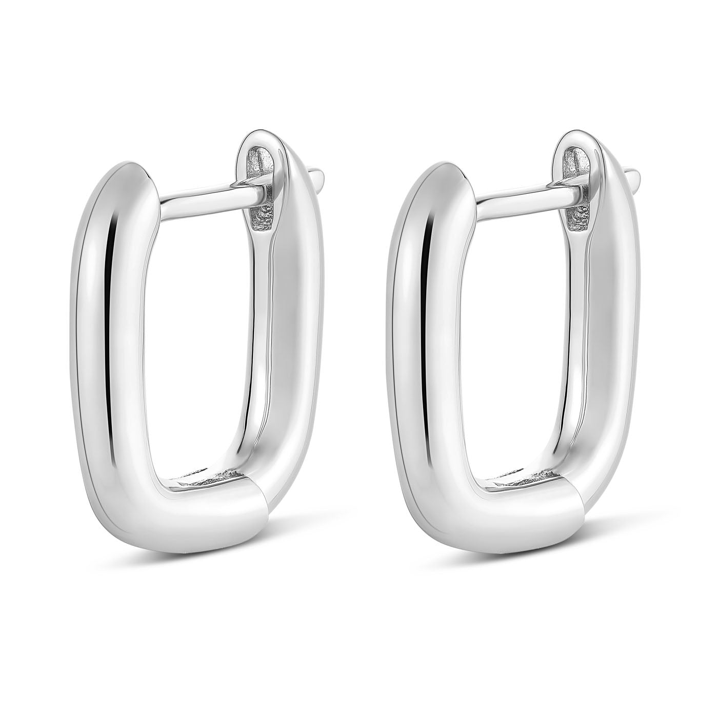 The Miss Mimi Sterling Silver Square Hoop Earrings by Miss Mimi by Yael feature an elegant high-polish finish and rhodium bonding for added shine, displayed beautifully on a white background.