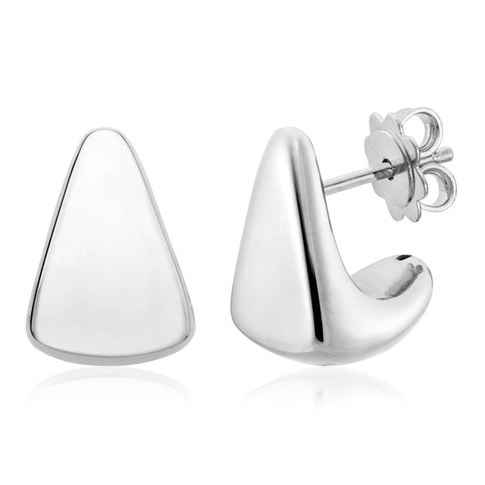 The Miss Mimi by Yael Sterling Silver Triangular Stud Earrings feature smooth, polished surfaces. One earring is displayed from the front to showcase its flat design, while the other is viewed from the side to emphasize its curved body and stud fastening. Made in Italy, they add a touch of elegance to any outfit.