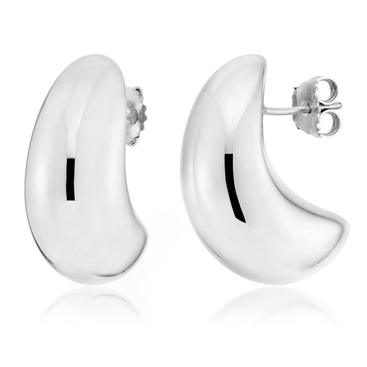 The Miss Mimi Sterling Silver Moon Stud Earrings by Miss Mimi by Yael feature a crescent shape with a smooth, reflective surface and stud backings, beautifully displayed against a white background. Made in Italy, these earrings exude elegance and craftsmanship.