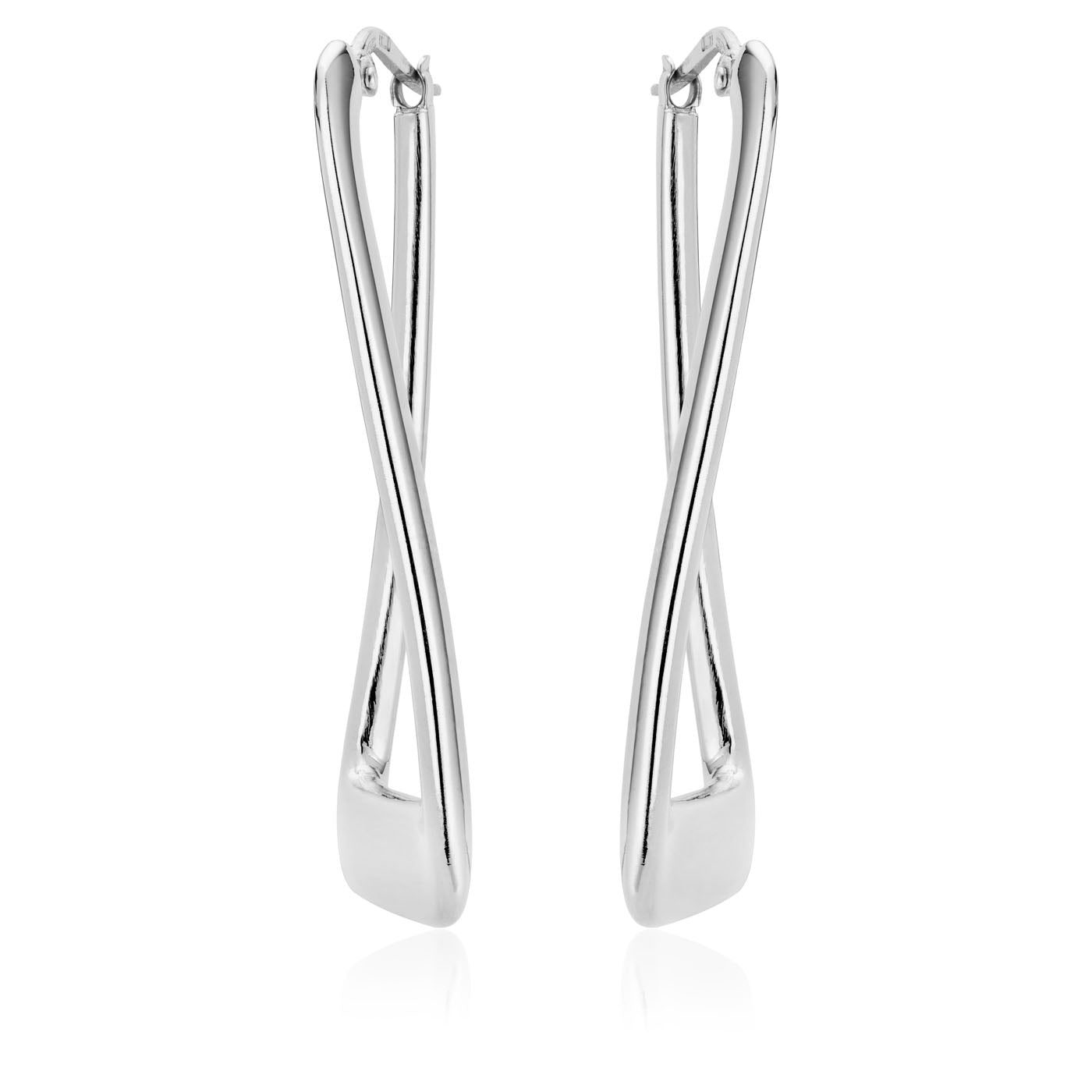 The Miss Mimi Sterling Silver Rectangular Twist Hoop Earrings from the Miss Mimi by Yael collection showcase a sleek, elongated, and twisted design, elegantly arranged side by side against a white background. Made in Italy, these earrings embody timeless sophistication.