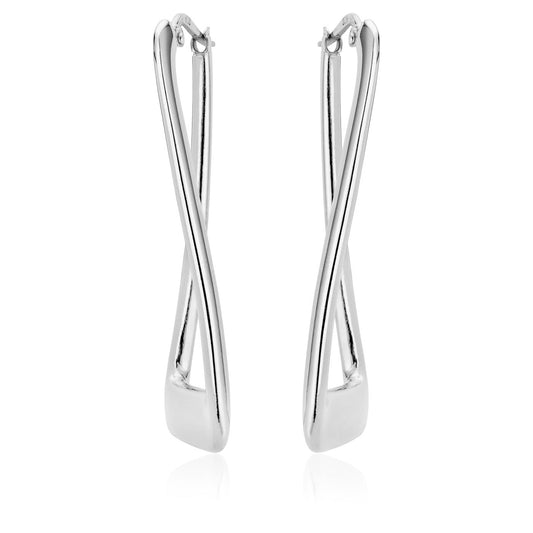 The Miss Mimi Sterling Silver Rectangular Twist Hoop Earrings from the Miss Mimi by Yael collection showcase a sleek, elongated, and twisted design, elegantly arranged side by side against a white background. Made in Italy, these earrings embody timeless sophistication.