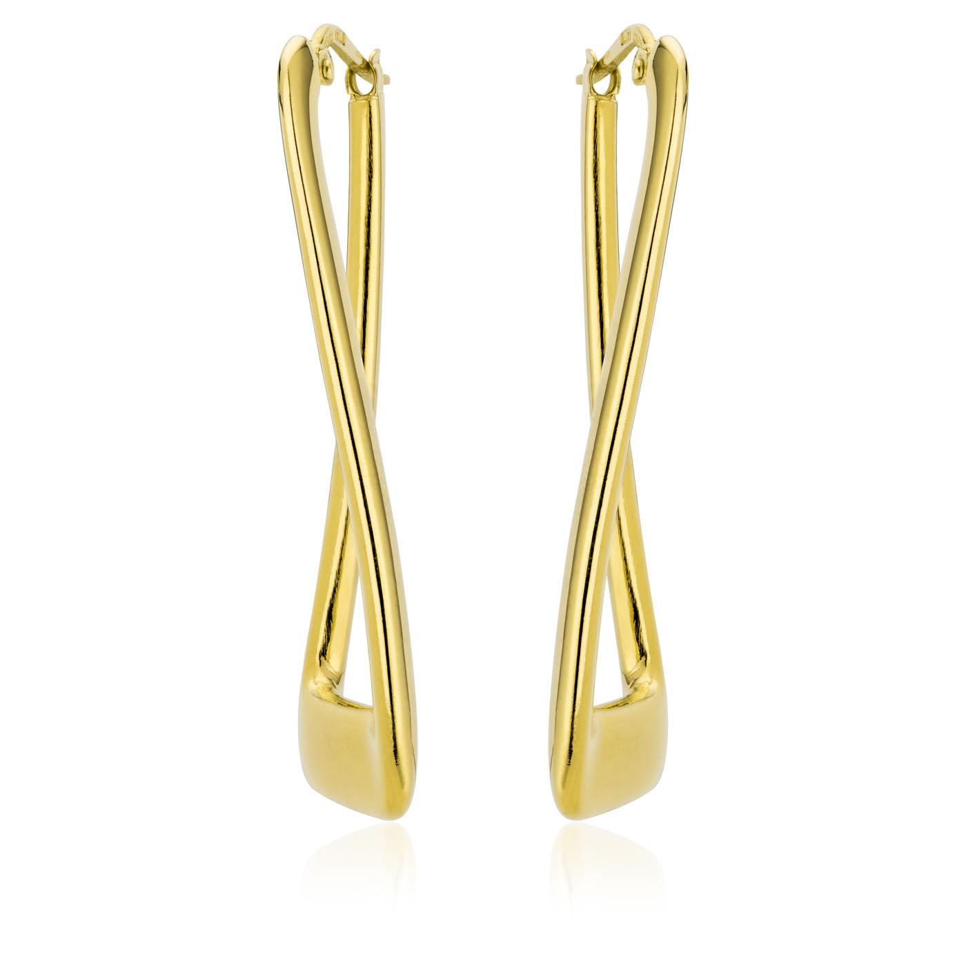 The Miss Mimi by Yael 18K Yellow Gold Vermeil Rectangular Twist Hoop Earrings feature an elegant, elongated design crafted from yellow gold vermeil. Each earring boasts a shiny finish and joins at the top with a small fastening. Set against a plain white background, these luxurious pieces are proudly made in Italy.