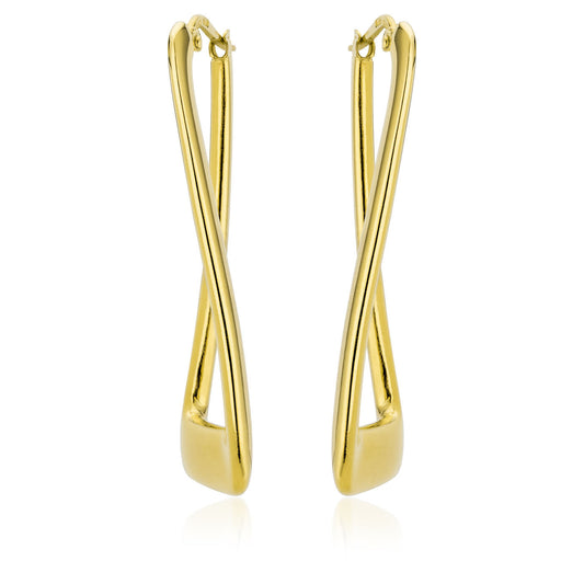 The Miss Mimi by Yael 18K Yellow Gold Vermeil Rectangular Twist Hoop Earrings feature an elegant, elongated design crafted from yellow gold vermeil. Each earring boasts a shiny finish and joins at the top with a small fastening. Set against a plain white background, these luxurious pieces are proudly made in Italy.