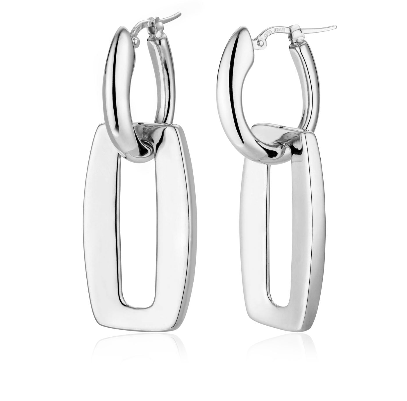 The Miss Mimi by Yael presents the Sterling Silver Geometric Drop Earrings, featuring silver hoop earrings adorned with modern rectangular pendants. Crafted from sterling silver, these earrings boast sleek and polished surfaces that reflect light beautifully, embodying a contemporary and elegant style.