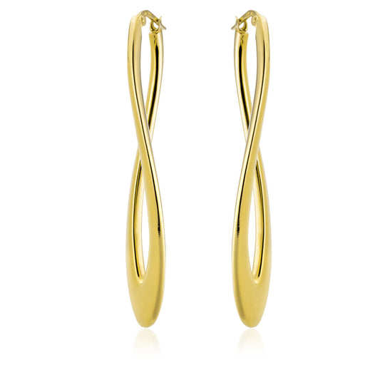 Introducing the Miss Mimi by Yael 18K Yellow Gold Vermeil Long Twist Hoop Earrings, expertly crafted in Italy. These elongated hoop earrings feature a sleek and modern infinity-shaped design, with a smooth, polished finish that reflects light gently across their surfaces.