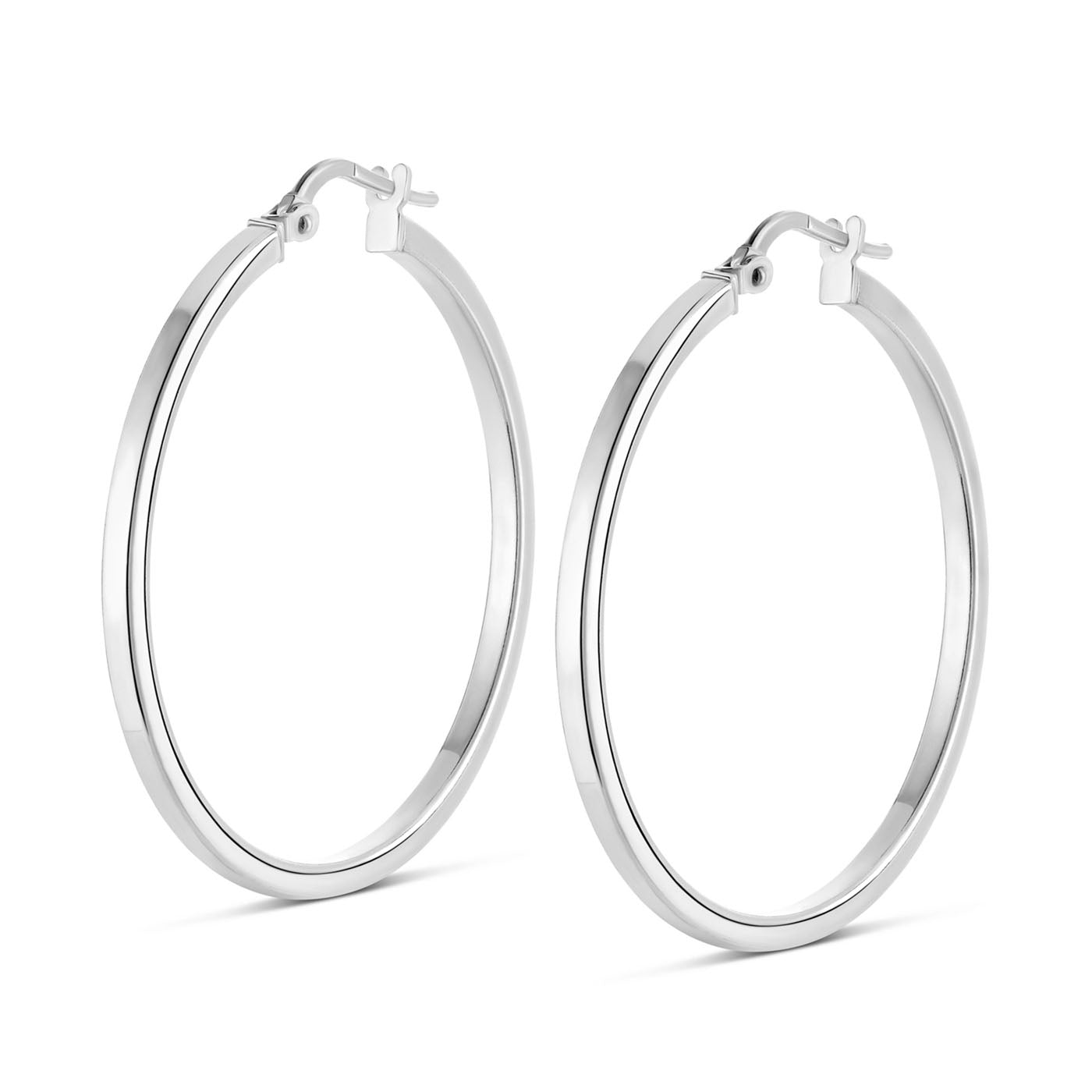 The Miss Mimi by Yael Sterling Silver Extra Large Square Edge Hoop Earrings, with a 55mm diameter and latch-back closures, are showcased against a white background.