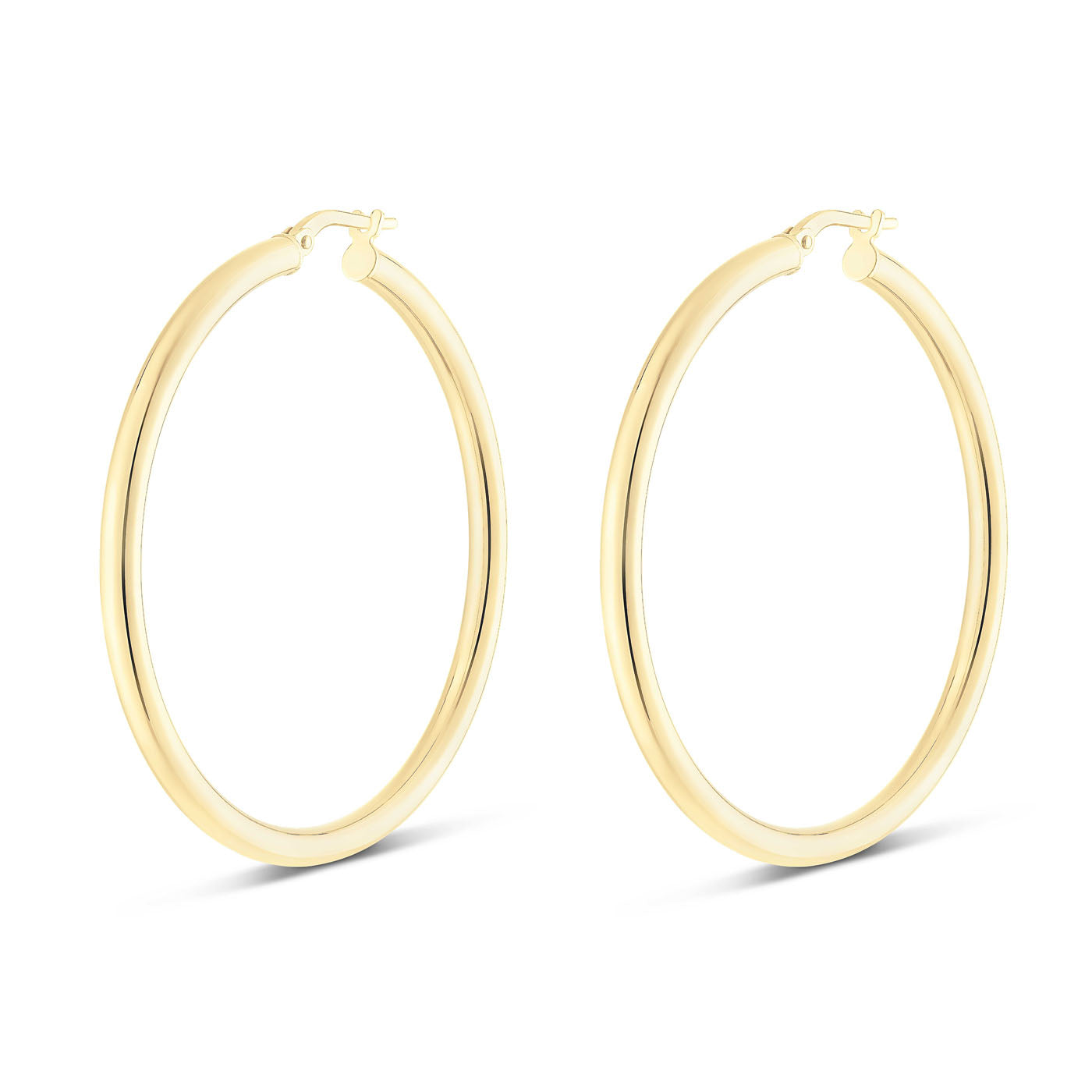 Displayed on a white background, the Miss Mimi by Yael 18K Yellow Gold Vermeil and Sterling Silver Large Round Tube Hoop Earrings feature a shiny smooth finish with a 45mm diameter.