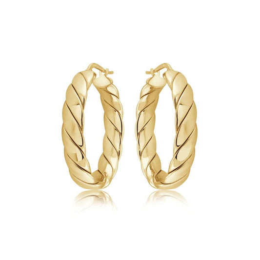 The Miss Mimi by Yael 18K Yellow Gold Vermeil and Sterling Silver Medium Wrap Quilt Hoop Earrings are showcased against a white background. These earrings, exquisitely crafted with a braided design, add texture and elegance to their appearance. Made in Italy, they embody timeless sophistication.