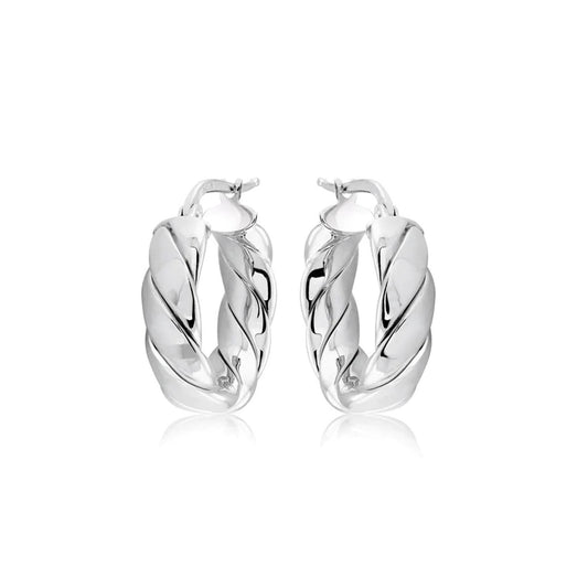 Miss Mimi by Yael presents the Miss Mimi Sterling Silver Small Wrap Quilt Hoop Earrings, featuring a twisted, braided design crafted in Italy and showcased against a white background.