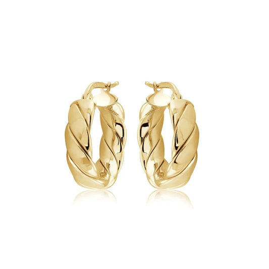 The Miss Mimi by Yael 18K Yellow Gold Vermeil and Sterling Silver Small Wrap Quilt Hoop Earrings showcase a distinctive intertwined design with a polished finish. Handcrafted with exquisite artistry, these earrings are set against a plain white background.