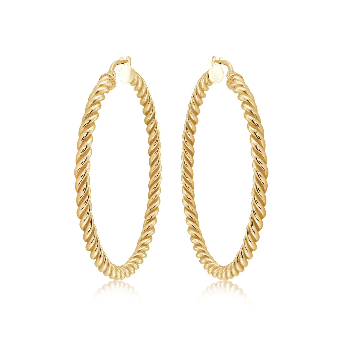 A pair of Miss Mimi by Yael 18K Yellow Gold Vermeil and Sterling Silver Small Twist Hoop Earrings is showcased. These earrings boast a smooth, shiny finish and dangle elegantly against a plain white background, capturing the essence of Italian craftsmanship.