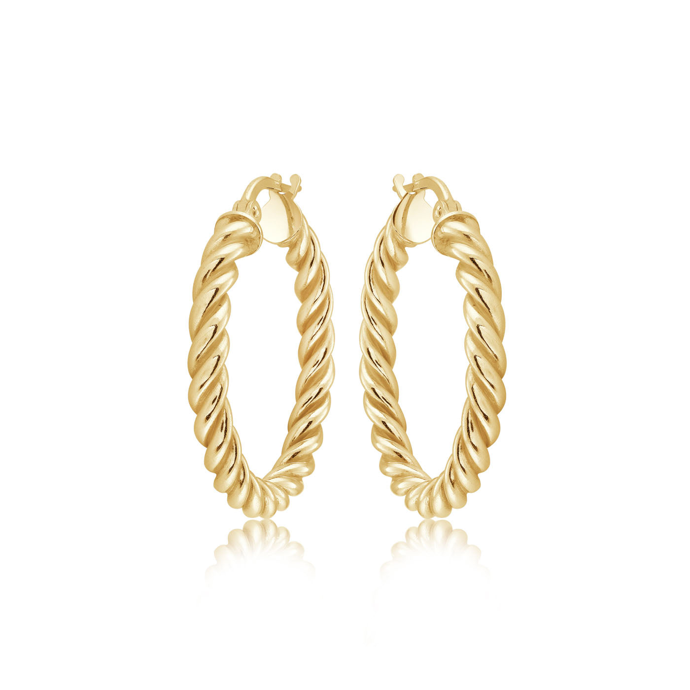 The Miss Mimi by Yael 18K Yellow Gold Vermeil and Sterling Silver Medium Twist Hoop Earrings are showcased against a white background. These earrings, with their polished finish and rope-like texture, offer a stylish and elegant appearance that speaks to the artisanal craftsmanship of Italian design.