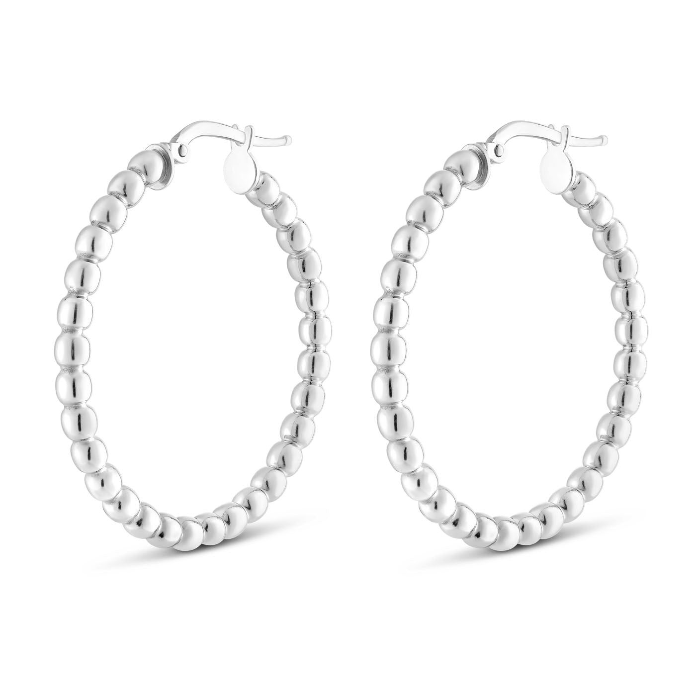 The Miss Mimi by Yael Sterling Silver Large Beaded Hoop Earrings are elegantly styled with rhodium bonding, showcasing a sophisticated beaded design.