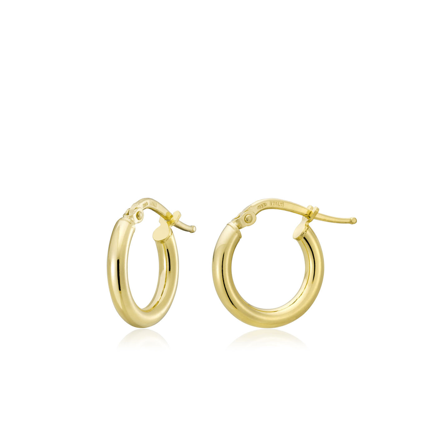 A pair of Miss Mimi by Yael 18K yellow gold vermeil and sterling silver hoop earrings with hinged clasps against a white background, exquisitely crafted in Italy.