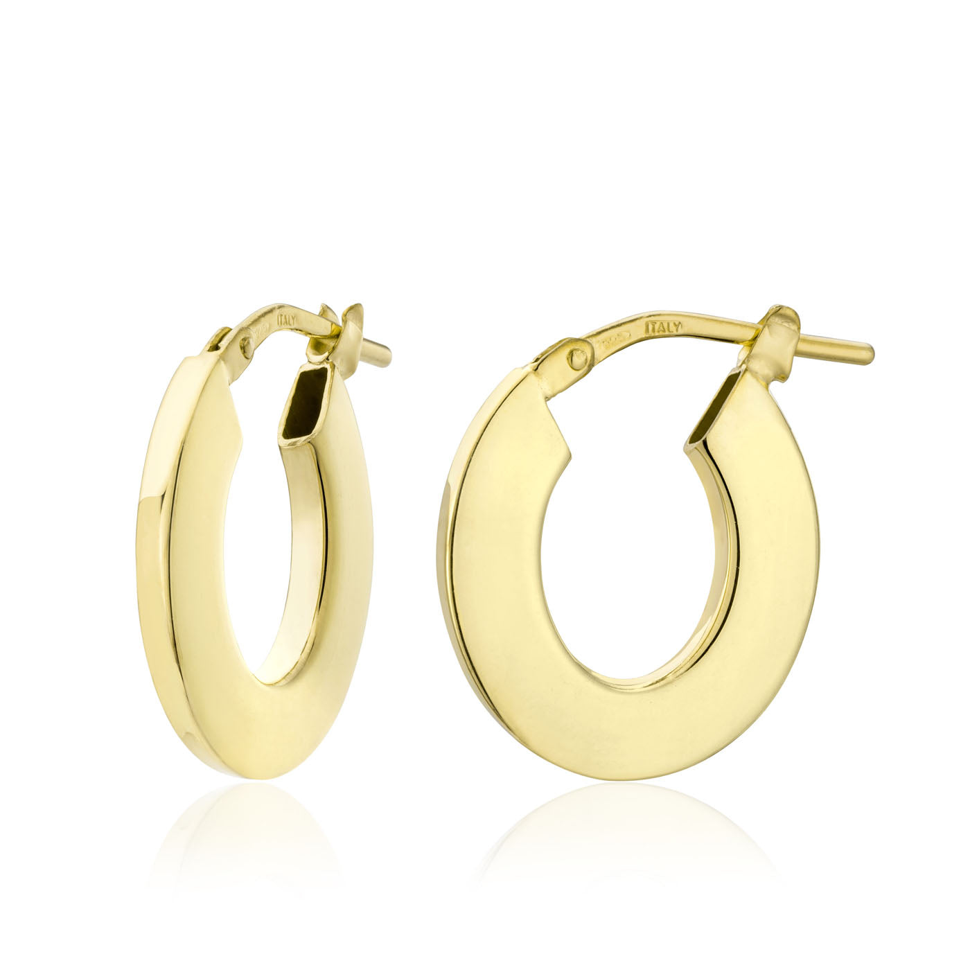 A pair of Miss Mimi by Yael 18K Yellow Gold Vermeil and Sterling Silver Small Flat Oval Tube Hoop Earrings, featuring a smooth and polished finish. These earrings are crafted with sterling silver and have a latch-back closure, beautifully reflecting light against a plain white background.