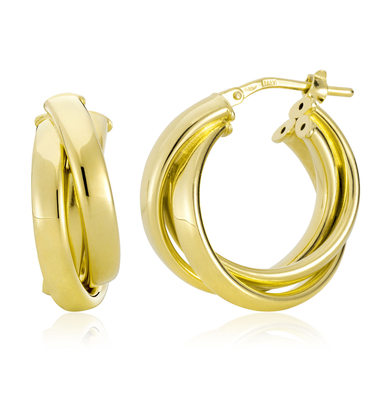 The Miss Mimi by Yael 18K Yellow Gold Vermeil and Sterling Silver Criss Cross Hoop Earrings boast a modern, twisted design crafted in yellow gold vermeil. Featuring a clasp mechanism for secure fastening, the image showcases one earring closed and the other open to emphasize their shiny, smooth finish. These stunning pieces are expertly made in Italy.