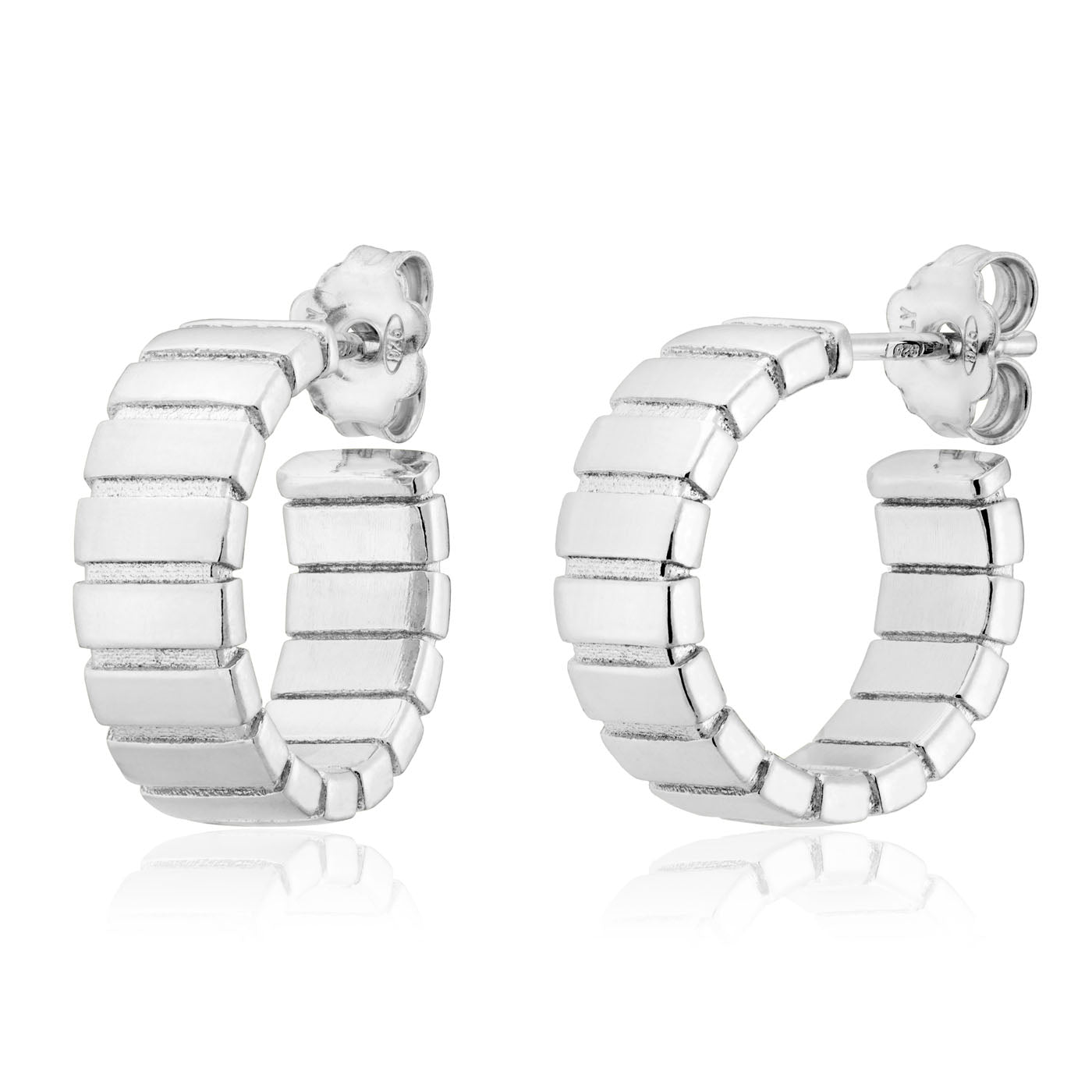 Introducing the Miss Mimi Sterling Silver Grooved Hoop Earrings by Miss Mimi by Yael—Italian-crafted with a segmented, block-like design and a smooth, polished surface, beautifully showcased on a white background.