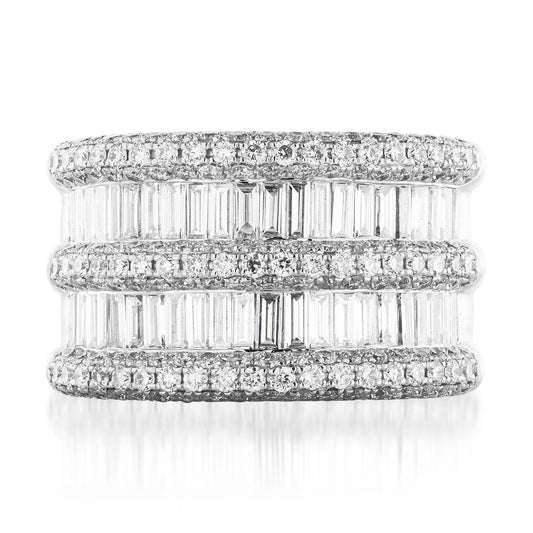 The Raffi&Co.® 18K White Gold Diamond Stacked Fashion Ring features three rows of rectangular baguette diamonds, accented by sparkling round diamond bands for a bold, modern look.