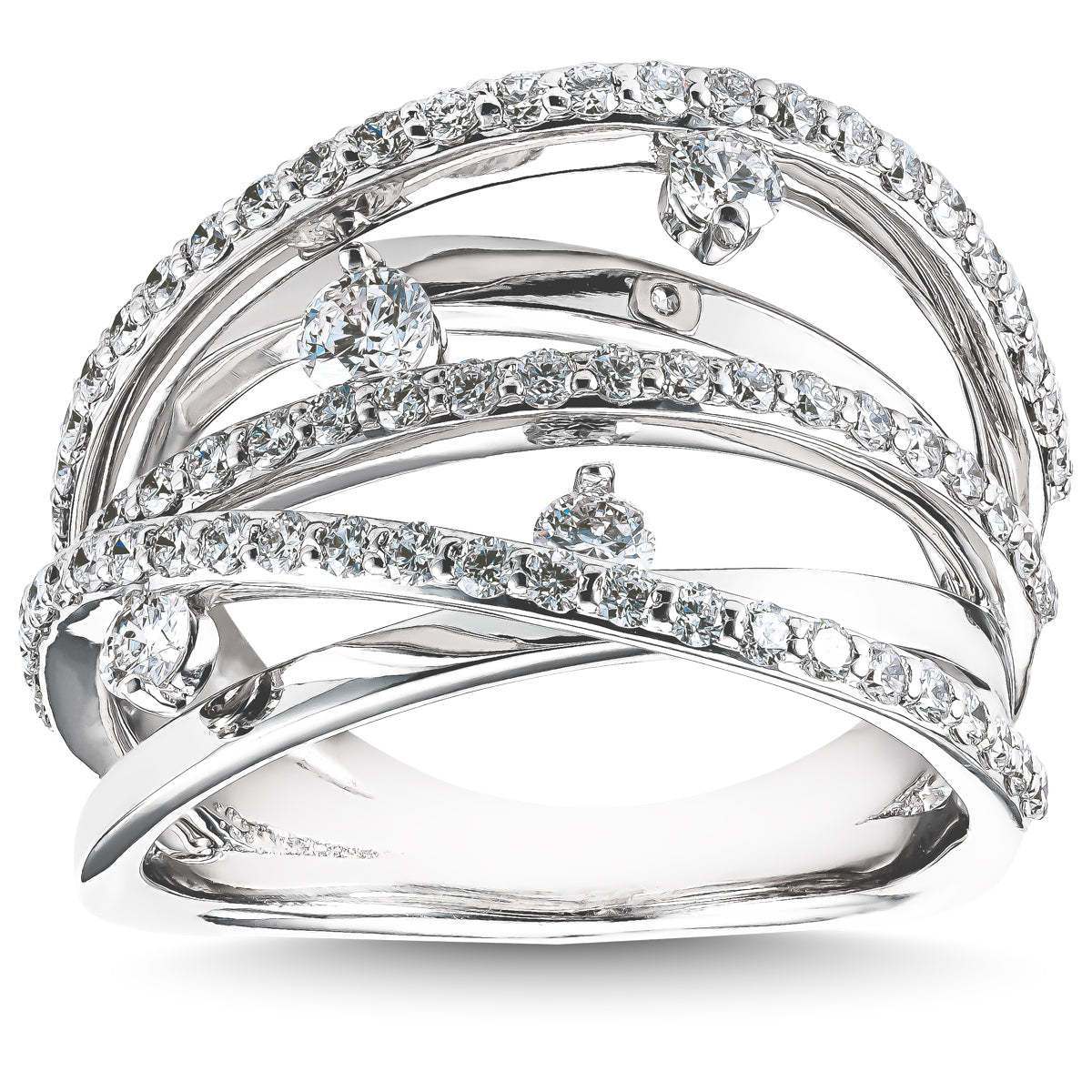 The Raffi&Co.® Signature 18K White Gold Round Brilliant Diamond Fashion Ring features intertwined bands with small diamonds and round diamonds, creating a sparkling and elegant look.