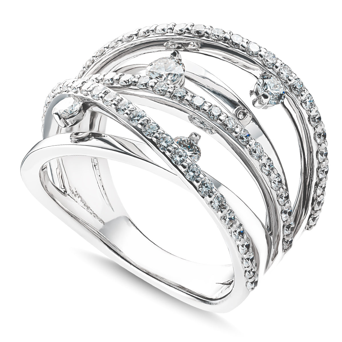 The Raffi&Co.® Signature 18K White Gold Round Brilliant Diamond Fashion Ring features a design with multiple overlapping bands adorned with diamonds, including three larger round brilliant diamond accents and several smaller ones for an elegant, sparkling look.