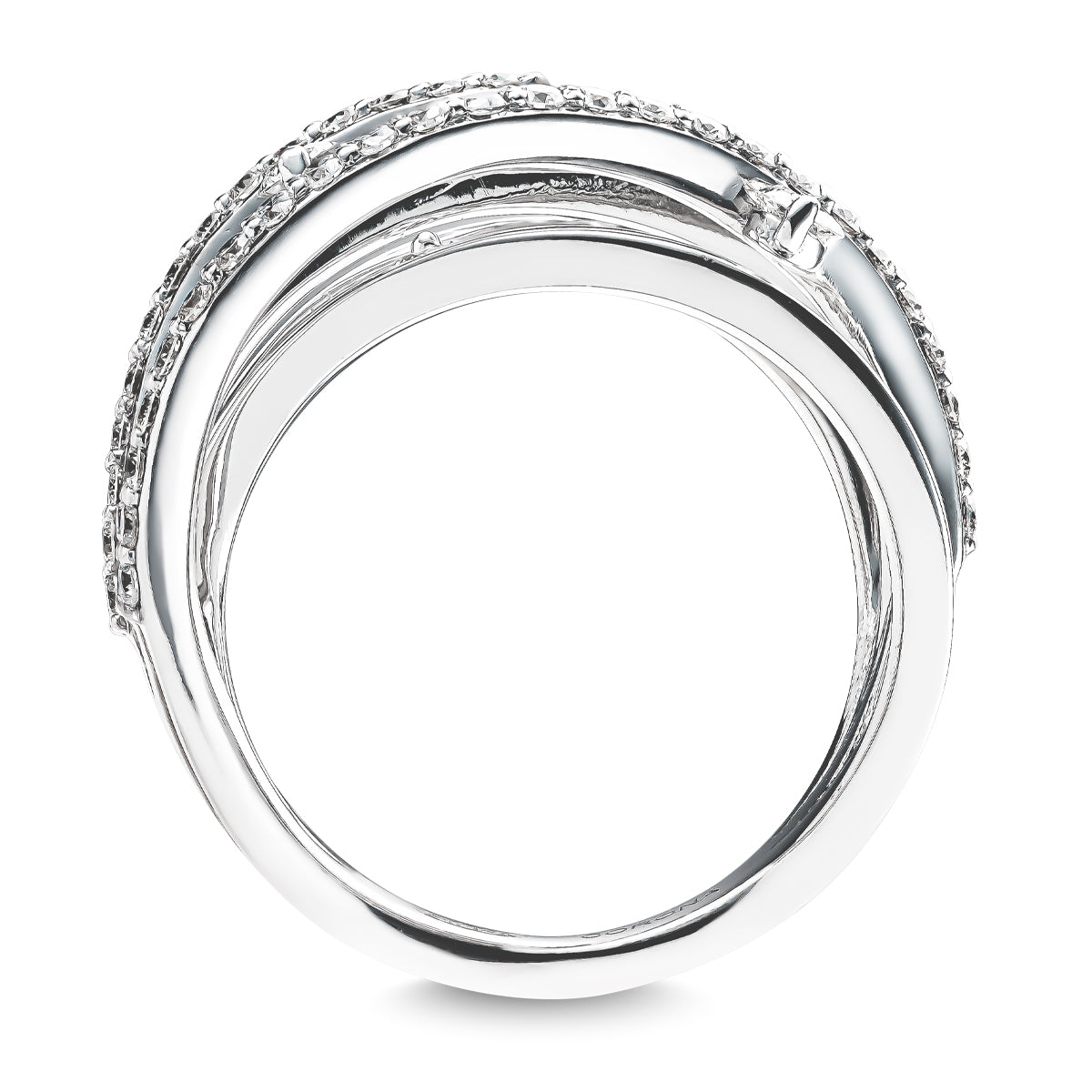 A close-up image showcases the Raffi&Co.® Signature 18K White Gold Round Brilliant Diamond Fashion Ring, featuring interlocking bands and small, sparkling stones that create a layered texture, all set against a plain white background.