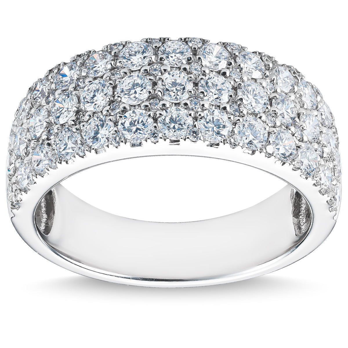 The Raffi&Co.® Signature 14K White Gold Round Brilliant Diamond Fashion Ring features a wide band adorned with multiple rows of small, round diamonds for a sparkling effect and a polished inner band.