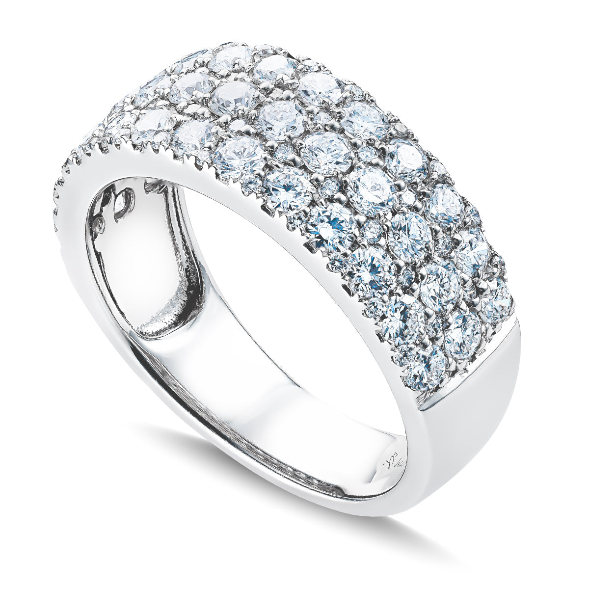 The Raffi&Co.® Signature 14K White Gold Round Brilliant Diamond Fashion Ring features a wide band, lined with three rows of sparkling round diamonds, exuding elegance and luxury with its polished and reflective design.
