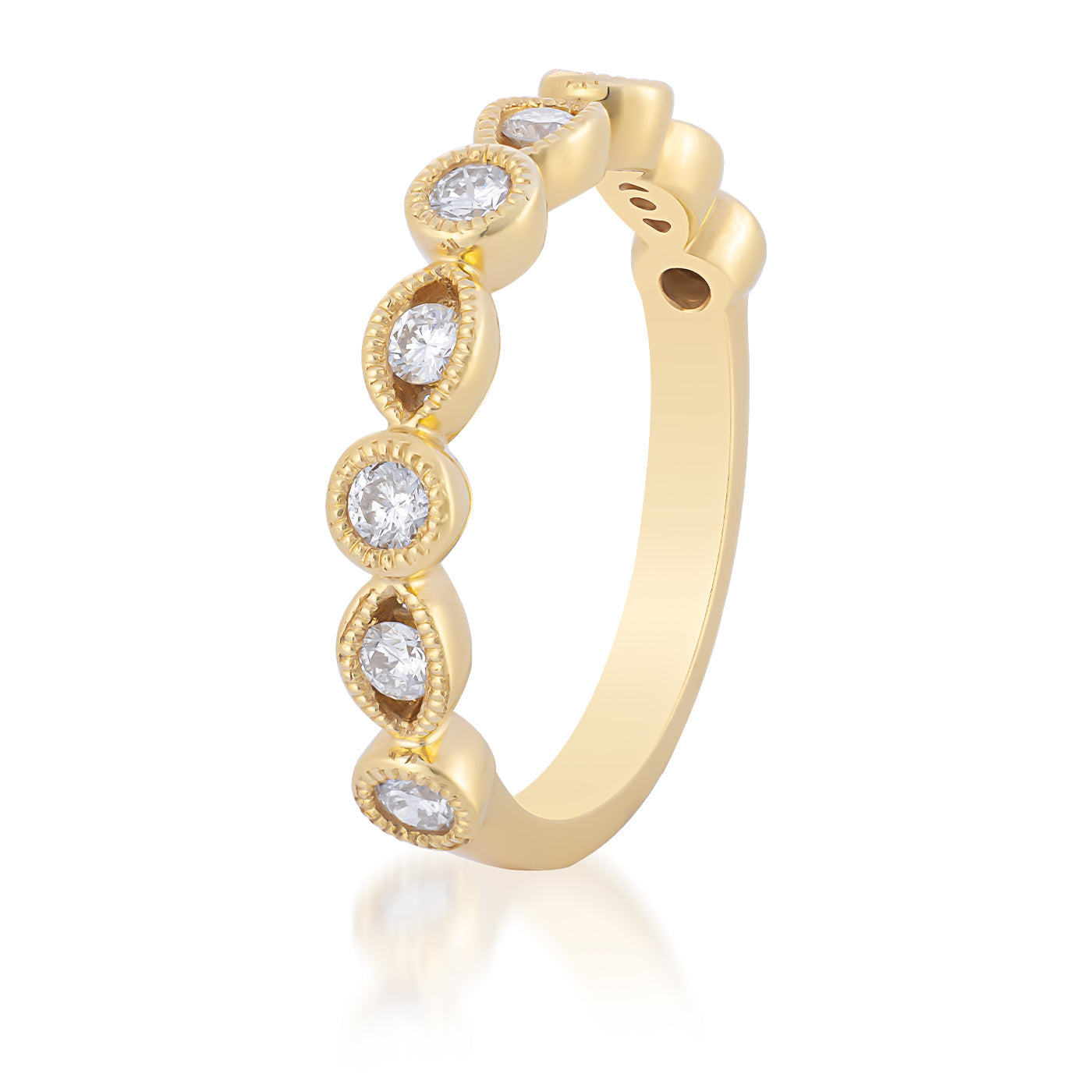 The Raffi&Co.® 18K Yellow Gold Round Brilliant Diamond Anniversary Ring features a stunning series of round, brilliant diamonds arranged in an elegant scalloped pattern along the band, beautifully showcased against a white background. It's an ideal choice for celebrating timeless love on your anniversary.