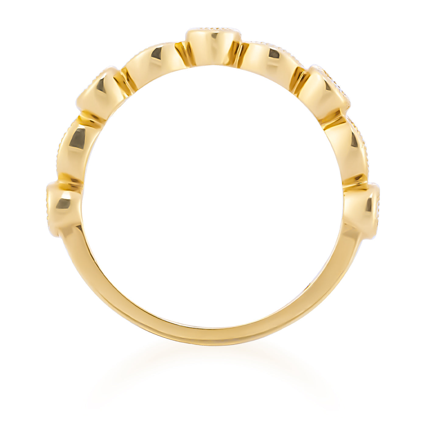 The Raffi&Co.® 18K Yellow Gold Round Brilliant Diamond Anniversary Ring features a distinctive design with raised, rounded patterns along the band. Its polished finish enhances the shiny appearance, making it an ideal choice for celebrating your anniversary.