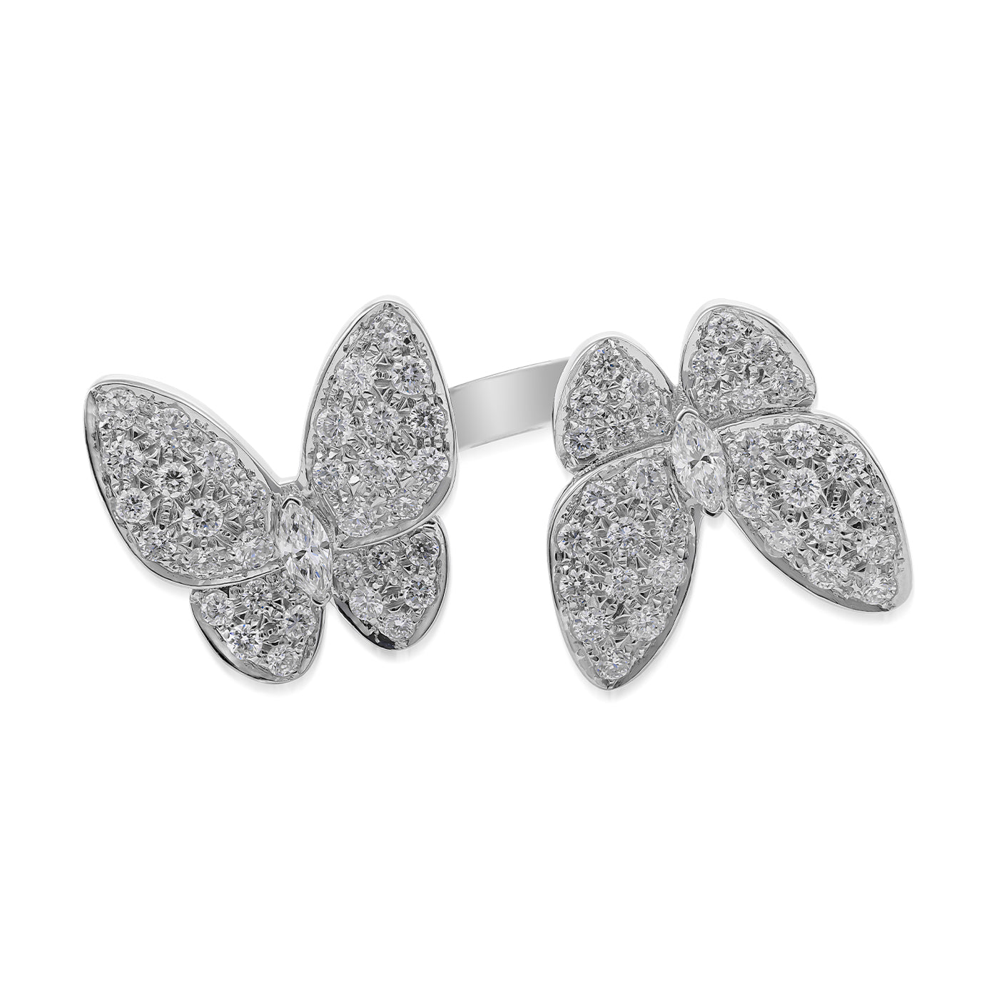 Displayed on a white background, the Raffi&Co.® 18K White Gold Diamond Butterfly Fashion Rings feature two elegantly crafted butterfly designs with delicately detailed wings and sparkling crystals, exuding a luxurious appearance.