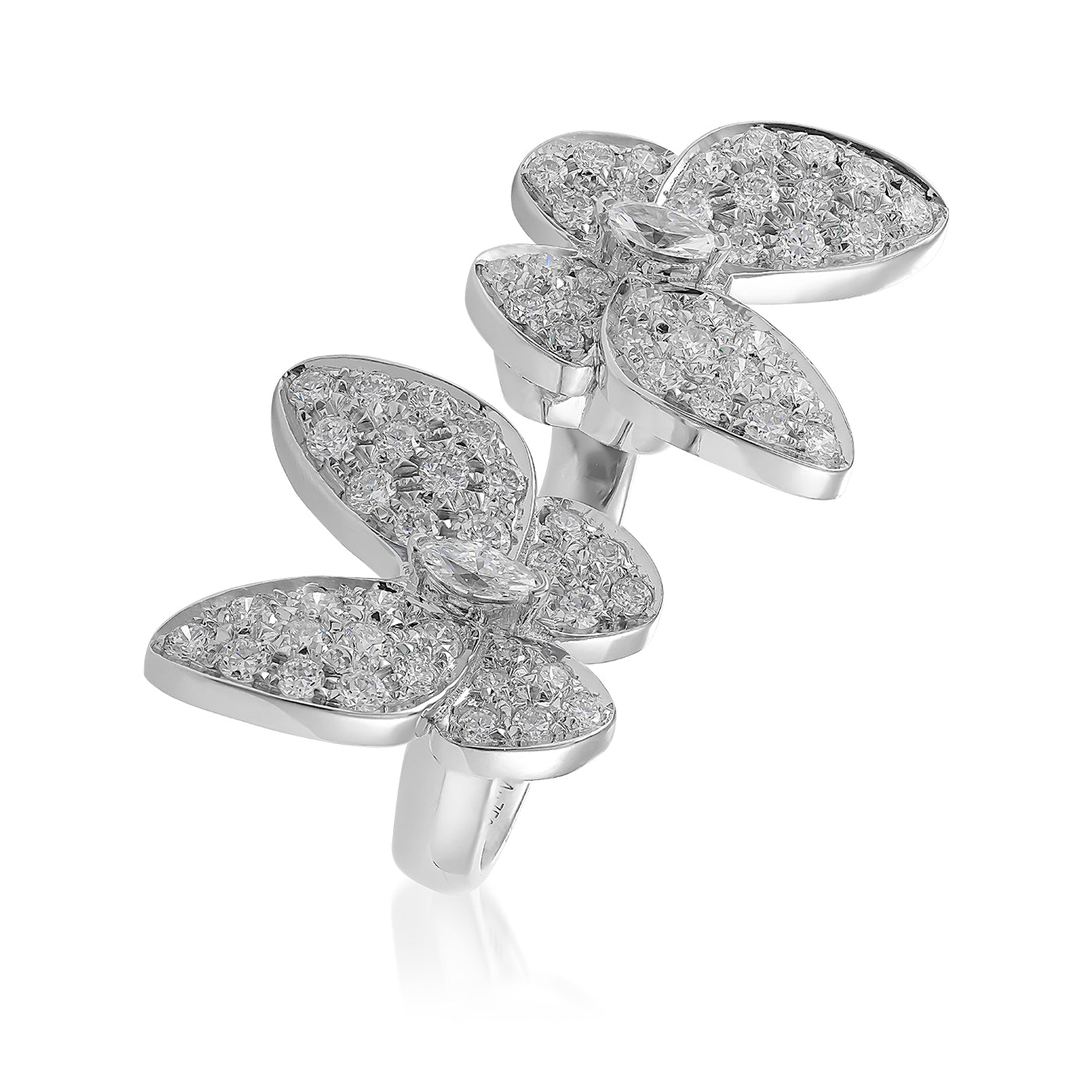 Introducing the Raffi&Co.® 18K White Gold Diamond Butterfly Fashion Ring, a stunning piece adorned with two butterfly designs encrusted with small diamonds, creating a shimmering effect. This elegant fashion ring features a sleek band that enhances the intricate butterfly motifs.