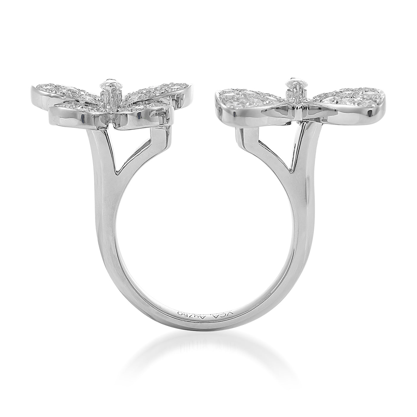 The Raffi&Co.® 18K White Gold Diamond Butterfly Fashion Ring showcases two butterfly designs, each adorned with small diamonds, elegantly set on a polished 18K white gold band.