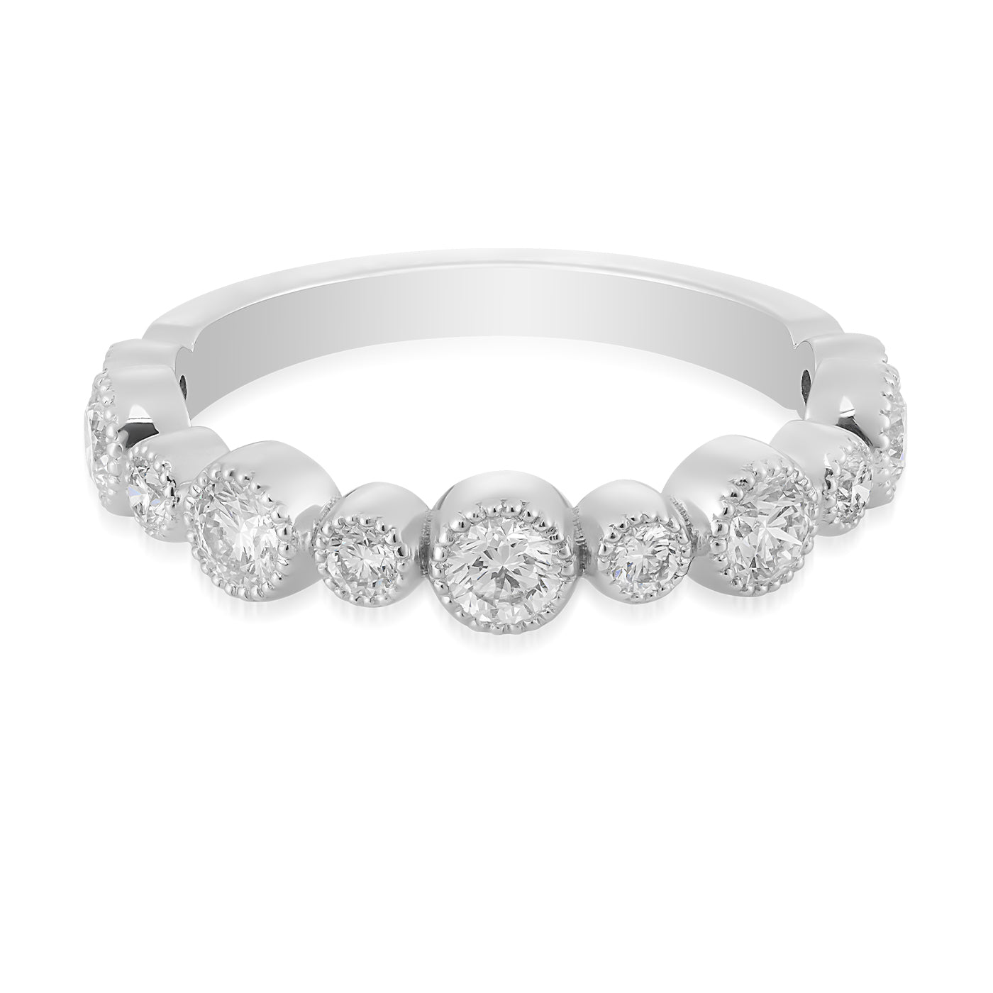 Introducing the Raffi&Co.® 14K White Gold Round Brilliant Diamond Anniversary Ring, a breathtaking piece featuring a continuous row of round, brilliant diamonds that gracefully encircle the band.