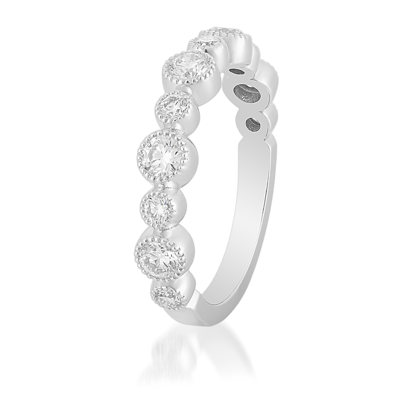 The Raffi&Co.® 14K White Gold Round Brilliant Diamond Anniversary Ring showcases a continuous band design with round, clear gemstones set in individual bezels. This ring appears polished and reflective, highlighting its elegant craftsmanship against a plain white background.