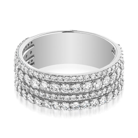 Introducing the Raffi&Co.® 18K White Gold Diamond Stackable Ring—a glamorous piece featuring a silver band adorned with four rows of dazzling round-cut diamonds set in a pave style. This elegant design enhances its brilliance and sophistication, thanks to the reflective surface of its 18K white gold craftsmanship.