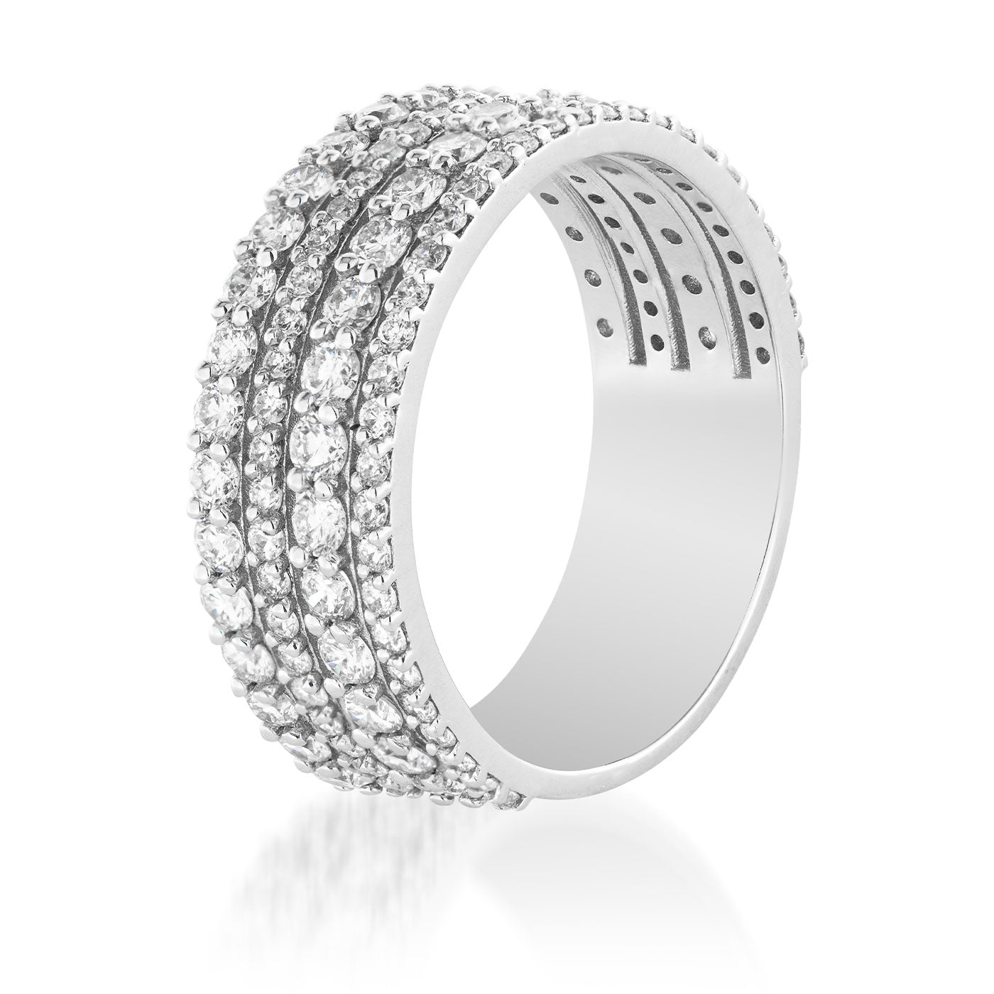 Presenting the Raffi&Co.® 18K White Gold Diamond Stackable Ring, featuring five rows of dazzling clear gemstones set in luxurious 18K white gold. The detailed design accentuates the ring's elegance and sophistication, beautifully displayed on a plain white background.