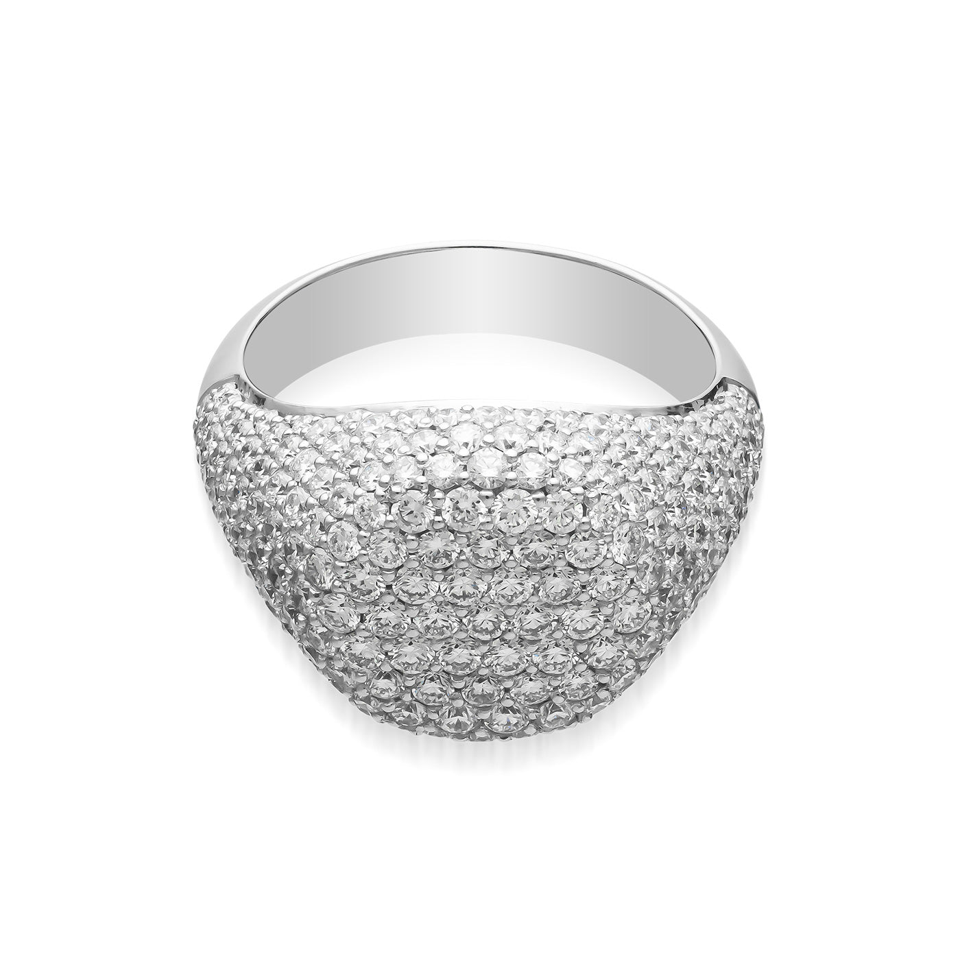 The Raffi&Co.® 14K White Gold Diamond Fashion Ring offers a wide, rounded design with sparkling diamonds that create a textured, shimmering surface across the top half of the band. It features a smooth, polished interior for enhanced comfort.