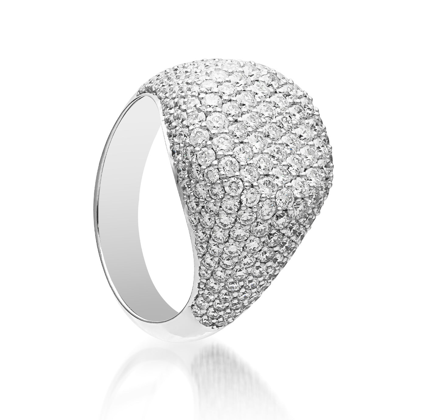 The Raffi&Co.® 14K White Gold Diamond Fashion Ring boasts a sparkling and elegant dome shape encrusted with numerous small, round diamonds. Crafted from 14K white gold, its polished surface enhances its luxurious appearance when set against a plain white background.