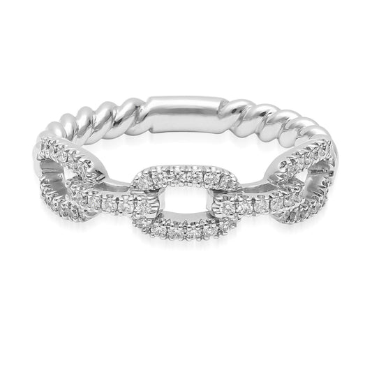 A Raffi&Co.® creation: an exquisite 14K white gold bracelet featuring a twisted rope-like design, highlighted by a central rectangular section embellished with small, sparkling stones.