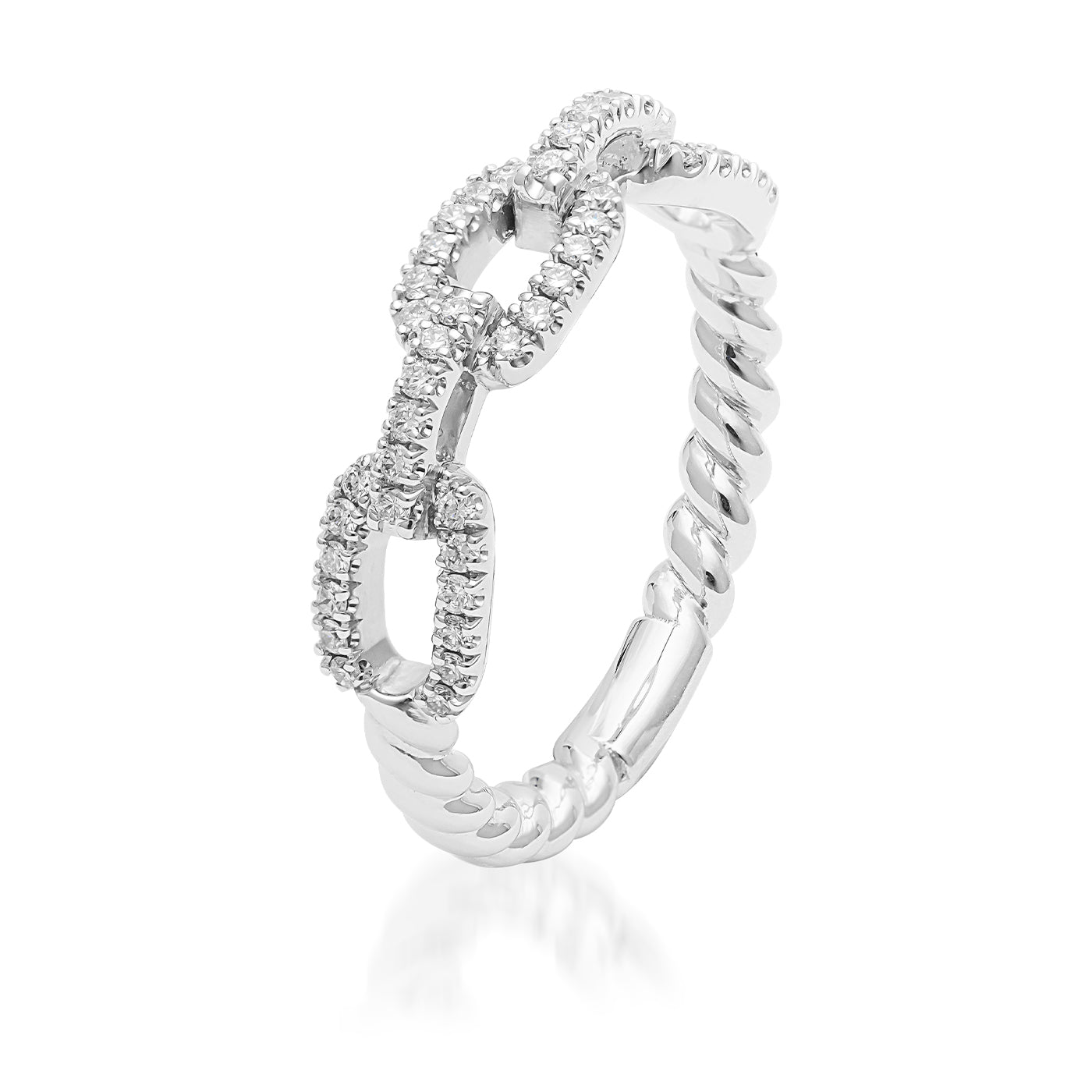 The Raffi&Co.® 14K White Gold Fashion Ring features a stylish interlocking chain design embellished with small diamonds, forming a twisted rope effect on the band. Expertly crafted in 14K white gold, this Raffi&Co piece is elegantly detailed and polished to perfection.