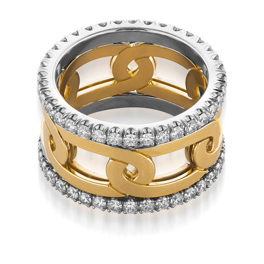 The Raffi&Co.® 18K White and Yellow Gold Diamond Fashion Ring features interlocking gold links bordered by rows of sparkling diamonds, blending elegant white and yellow gold tones for a bold statement.
