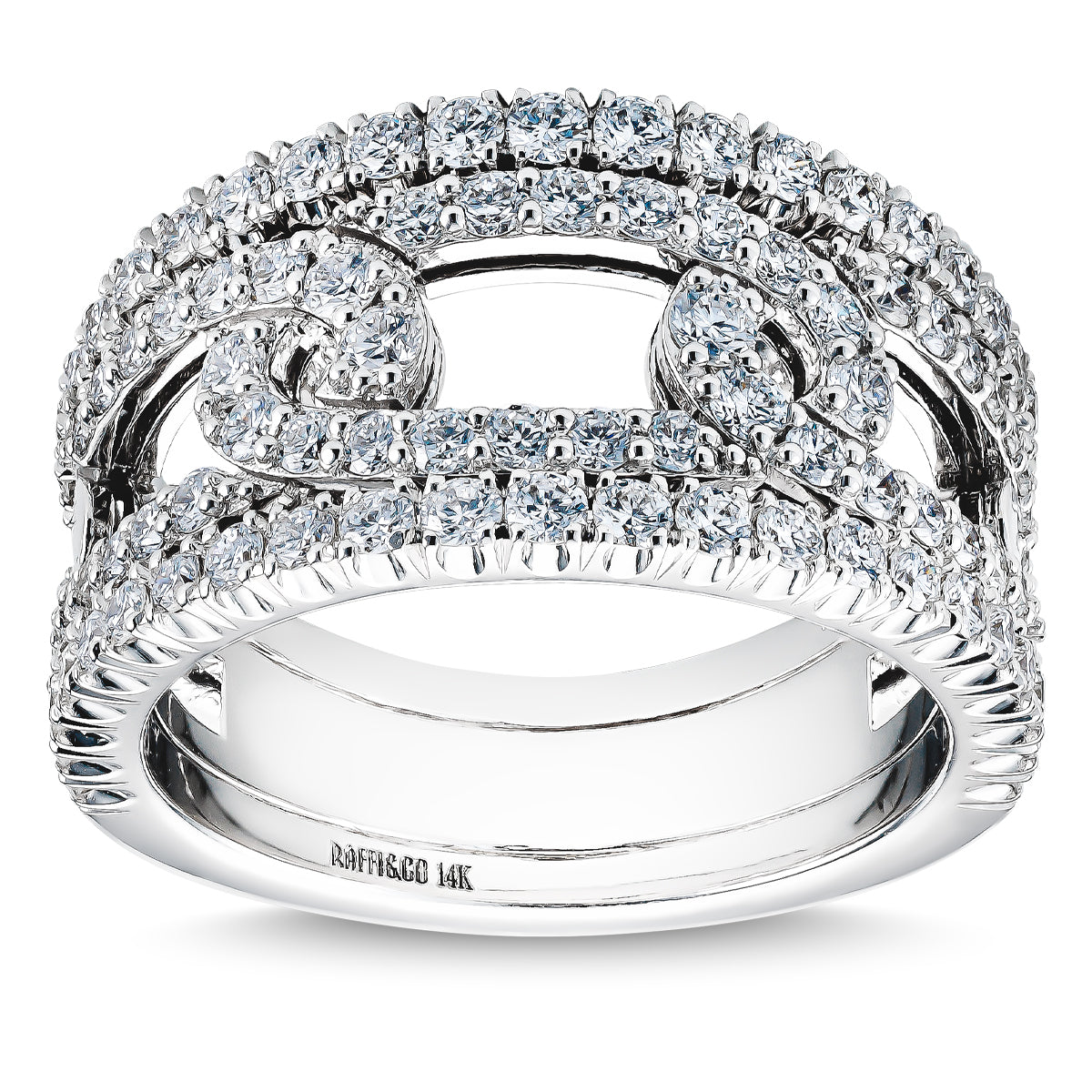 The Raffi&Co.® Signature 14K White Gold Round Brilliant Diamond Fashion Ring features a wide band with three rows of sparkling diamonds, including two interlocking oval-shaped diamond designs. The inner band boasts a smooth and shiny finish.
