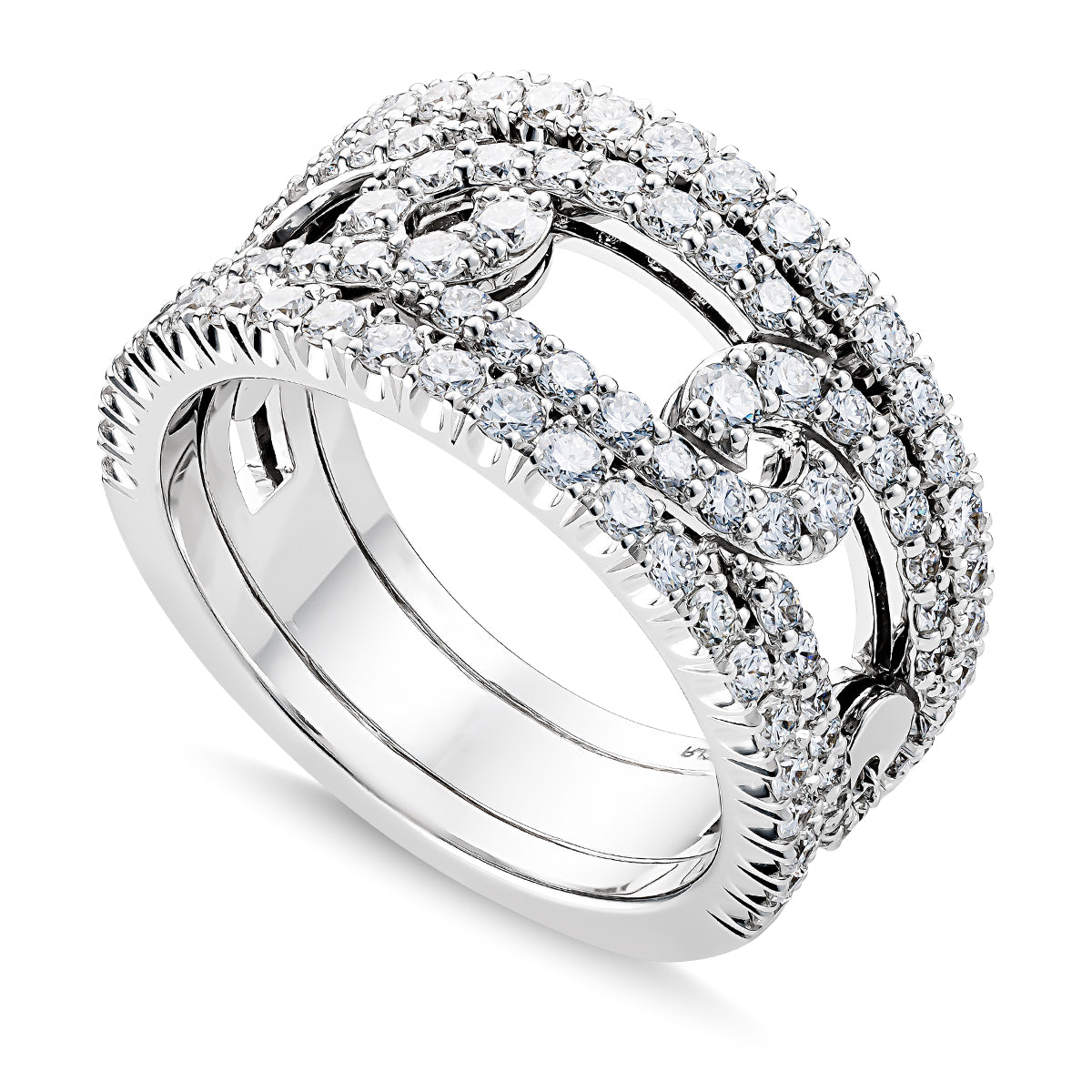 The Raffi&Co.® Signature 14K White Gold Round Brilliant Diamond Fashion Ring features an intricate design with intersecting loops, textured edges, and multiple rows of diamonds. Its polished finish enhances its luxurious appearance.
